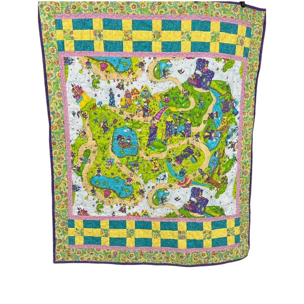 Handmade Fantasy Map Quilt 44x50 Dragon Castle Storybook Blanket